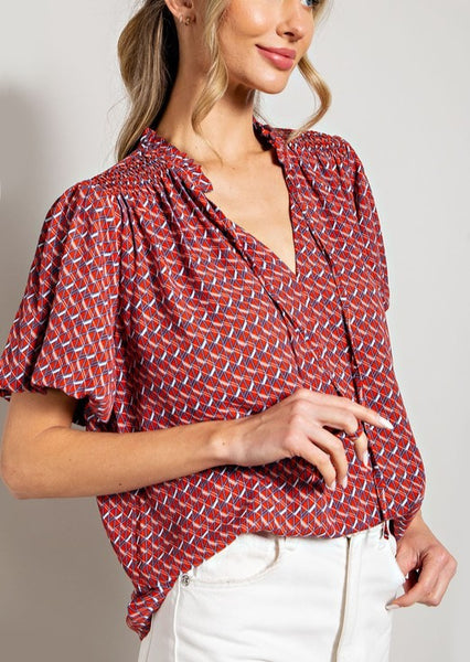 Rosa Red, White & Blue Smock Shoulder Top
