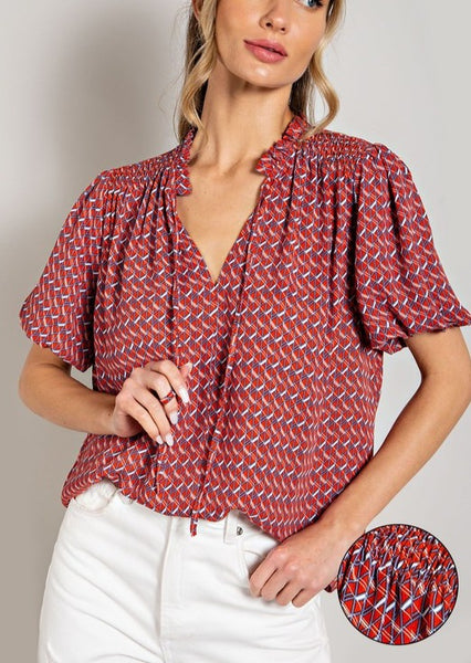 Rosa Red, White & Blue Smock Shoulder Top