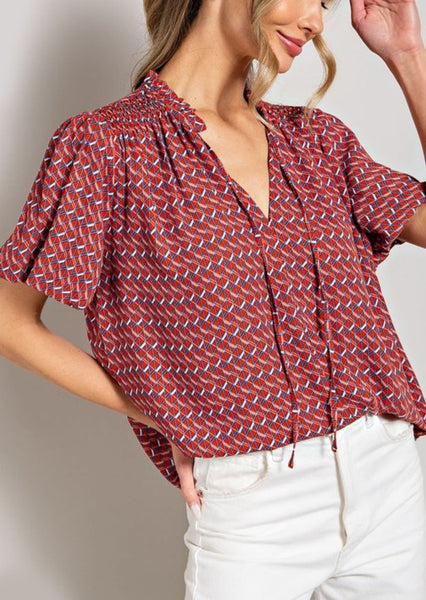 Rosa Red, White & Blue Smock Shoulder Top