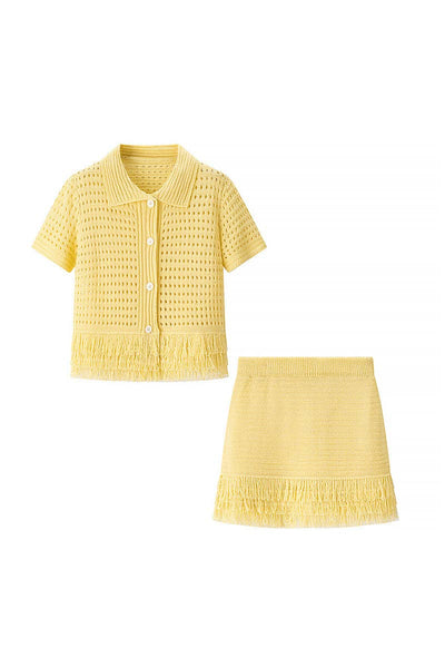 Fringe-Trimmed Skirt Set with Button Top: BLACK / M