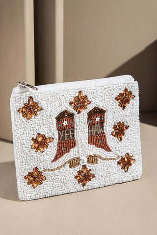 Western Boot Beaded Credit Card Coin Purse in Whiteo