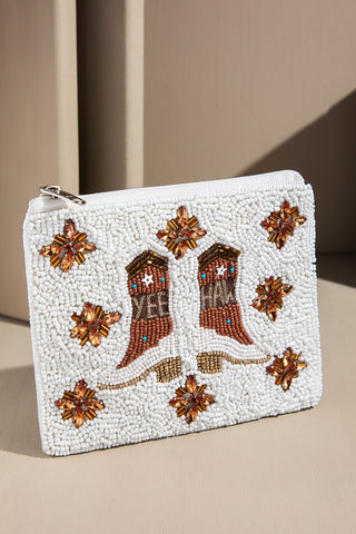 Western Boot Beaded Credit Card Coin Purse in White