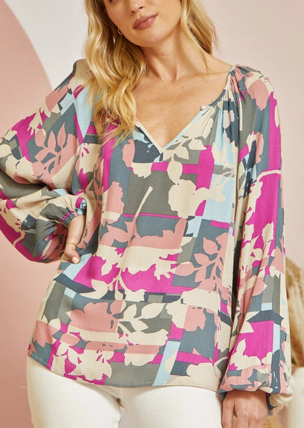 Geo Floral Print Bubble Sleeve Blouse ~ FINAL SALE