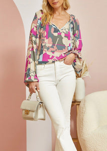 Geo Floral Print Bubble Sleeve Blouse ~ FINAL SALE