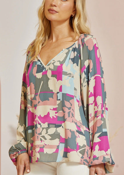 Geo Floral Print Bubble Sleeve Blouse ~ FINAL SALE