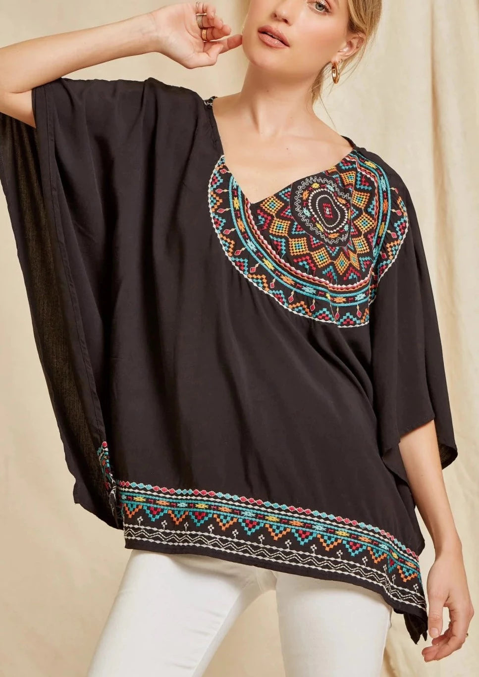 Curvy Black Poncho Style Embroidered Top