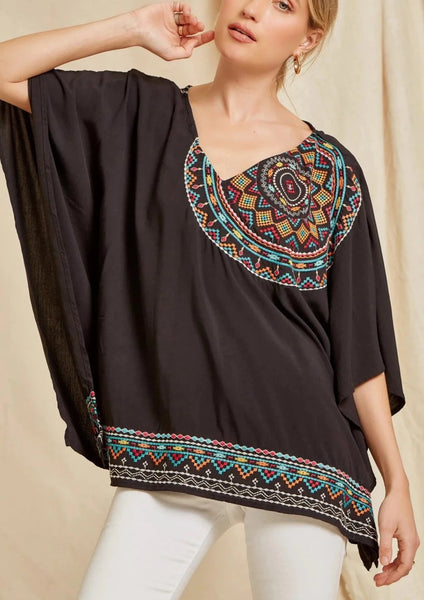 Curvy Black Poncho Style Embroidered Top