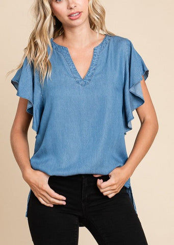 Flutter Sleeve Chambray Top