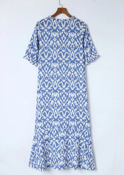Blue Waves Print Maxi Dress