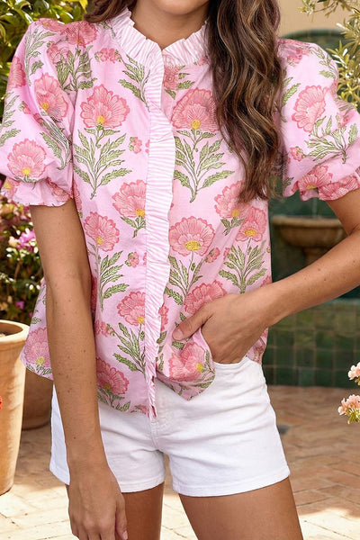 Sweet Blooms Botanical Print Blouse with Ruffle Detail: Pink / S