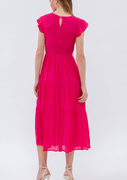 Smocked Tiered Midi Dress in Chambray or Hot Pink