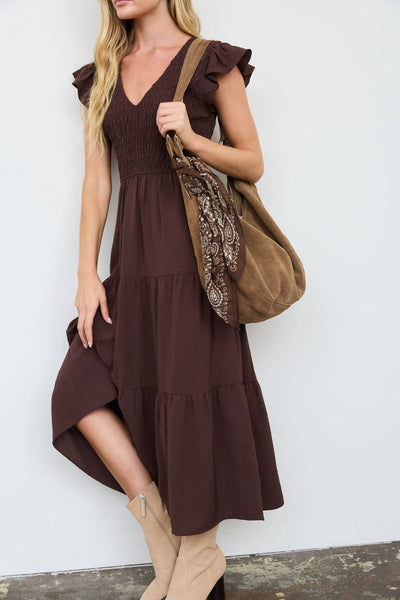 Chocolate Smocked Midi dress with Flutter Sleeves