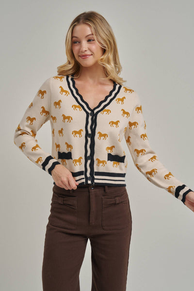SUPER SOFT HORSE PRINT KNIT CARDIGAN_JLT00386-01: TAUPE COMBO / S-M-L(2-2-2)