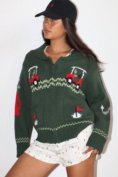 Hole In One Intarsia Zip Sweater : Green / L
