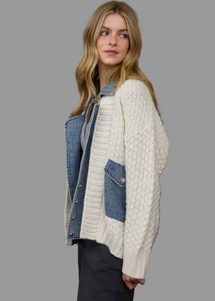 Mixed Media Cable Knit Denim Trim Jacket