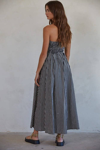 L6998 | Striped Tube Neck Strapless Flare Maxi Dress: Dusty Blue / M
