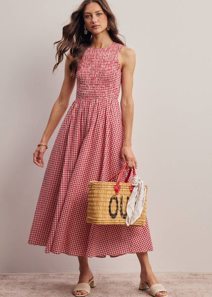 Red and White Open-Back Gingham Maxi Dress