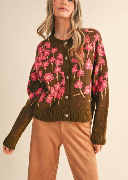 Cheery Floral Knit Cardigan Sweater