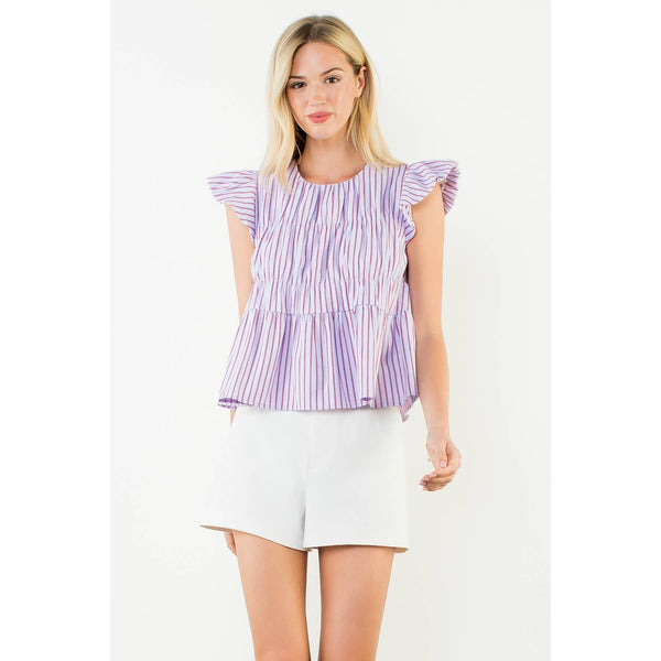 Ruffle Sleeve Smocked Striped Top: PURPLE / XS-S-M-L(1-2-2-1)