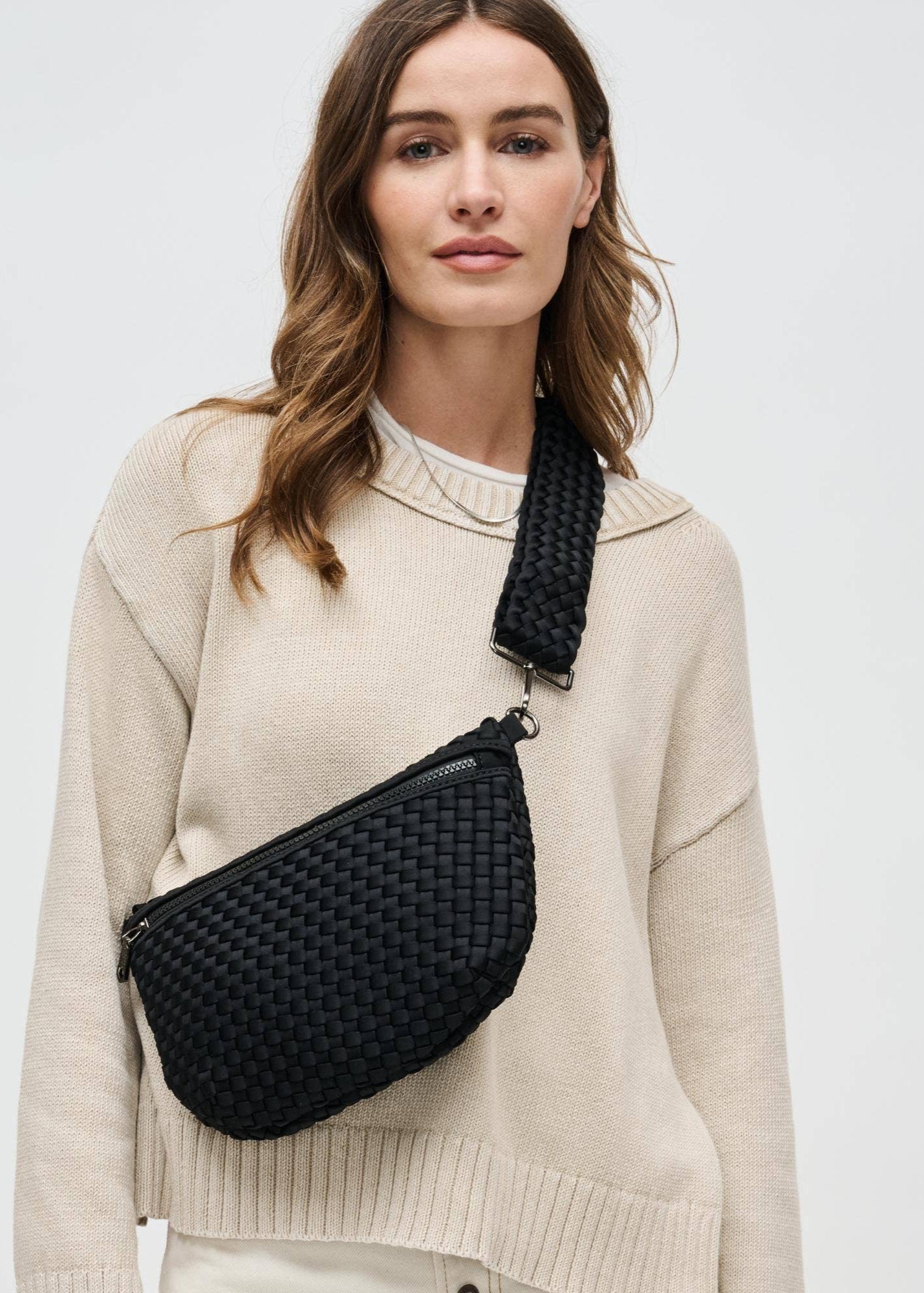 Sol and Selene Woven Neoprene Crossbody Bag in Black