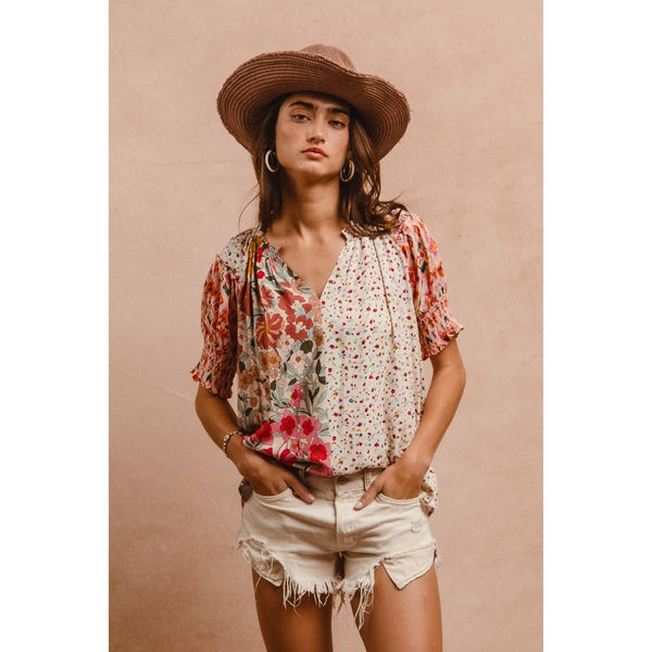 WOVEN PRINT MIX AND MATCH PEASANT TOP: ROSE MIX / XL