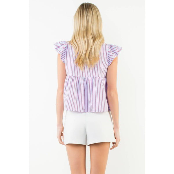 Ruffle Sleeve Smocked Striped Top: PURPLE / XS-S-M-L(1-2-2-1)