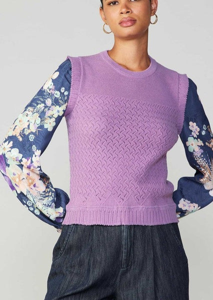 Floral Contrast Sleeve Top in Lavander