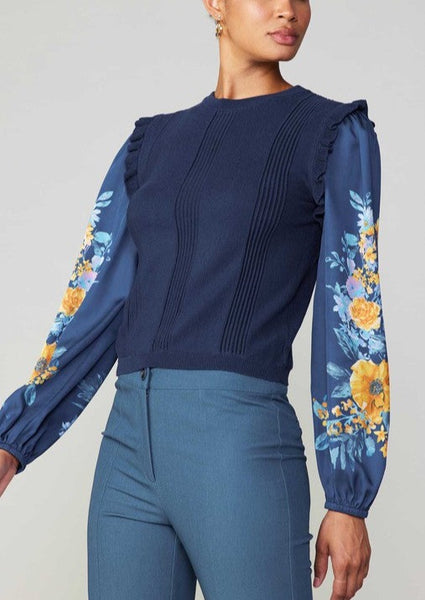 Floral Contrast Sleeve Top in Navy