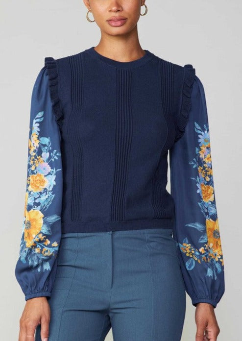 Floral Contrast Sleeve Top in Navy~ FINAL SALE
