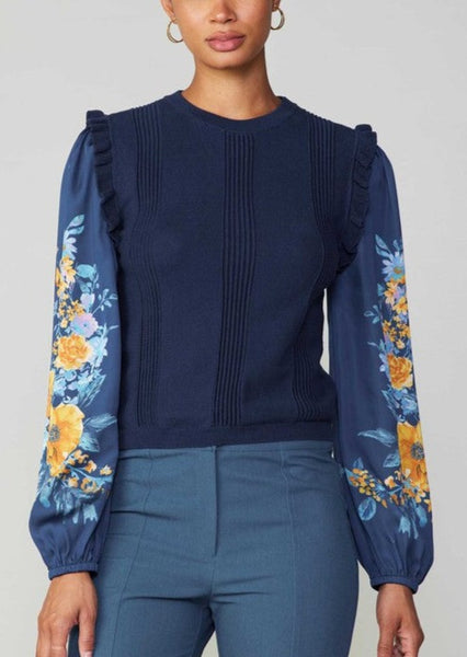 Floral Contrast Sleeve Top in Navy~ FINAL SALE