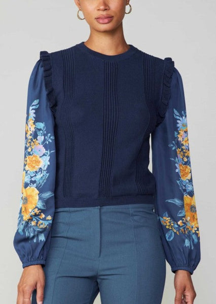 Floral Contrast Sleeve Top in Navy