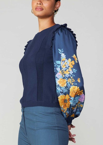Floral Contrast Sleeve Top in Navy
