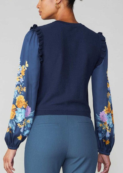 Floral Contrast Sleeve Top in Navy