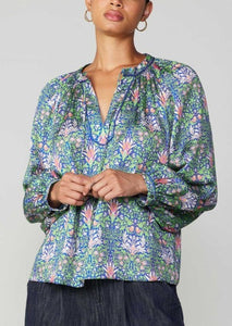 Botanical Print Split Neck Blouse