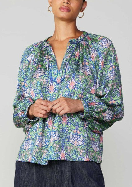 Botanical Print Split Neck Blouse