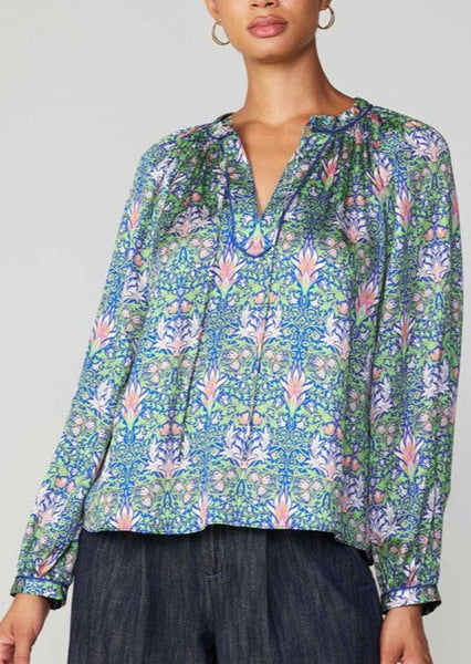 Botanical Print Split Neck Blouse