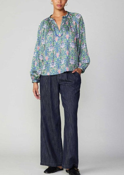 Botanical Print Split Neck Blouse