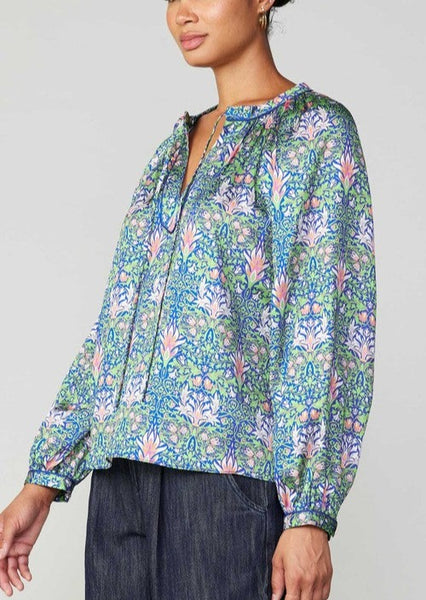 Botanical Print Split Neck Blouse