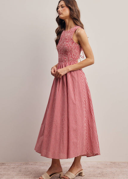 Red and White Open-Back Gingham Maxi Dress