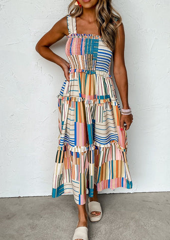 Striped Smocked Tiered Midi Dress