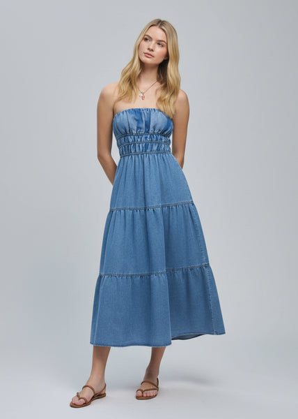 Strapless Shirred Tiered Denim Midi Dress
