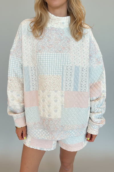 Shades Of Blue Quilted Pastel Mock Neck Sweatshirt