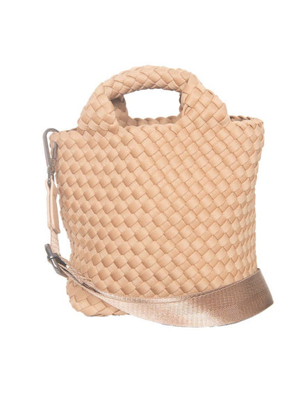 Camel Woven Crossbody Bucket Bag