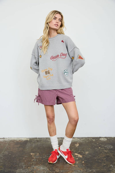GAME DAY EMBROIDERED CREW NECK KNIT SWEATER: OATMEAL