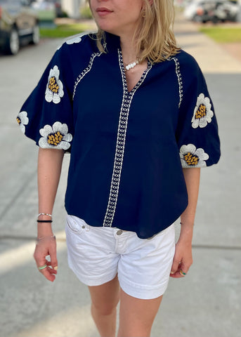 Daisy Embroidered Puff Sleeve Top
