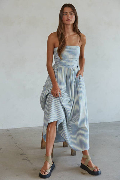 L6998 | Striped Tube Neck Strapless Flare Maxi Dress: Dusty Blue / M