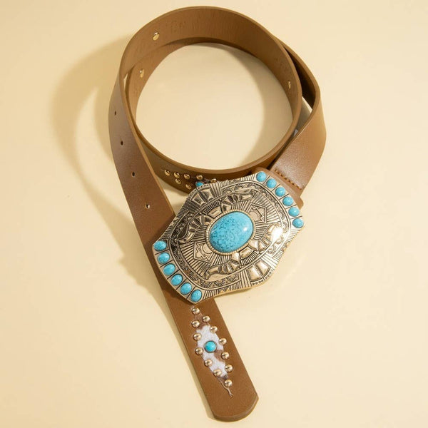 Turquoise Stone Western Concho Buckle Faux Leather Belt in Gold and Brown