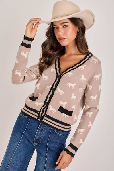 SUPER SOFT HORSE PRINT KNIT CARDIGAN_JLT00386-01: TAUPE COMBO / S-M-L(2-2-2)