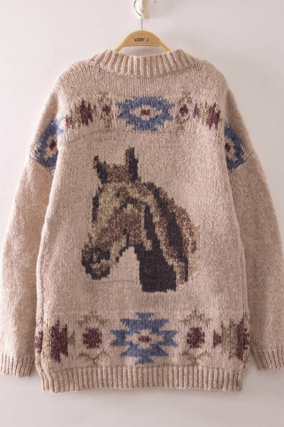 Western Horse Intarsia Knit Cardigan in Oatmeal