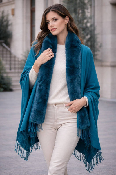 JC062843 16 Colors-Faux Fur Trim Softer Than Cashmere Scarf: Teal